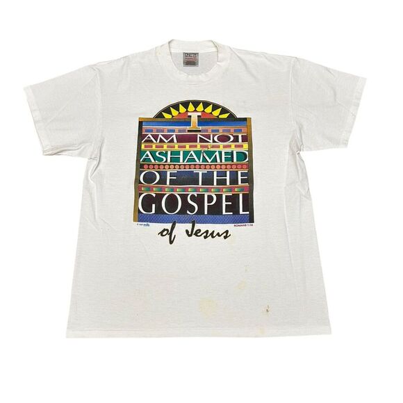 Vintage Jesus Shirt Mens Large Romans 1:16 White Thrashed Single Stitch - Picture 2 of 10